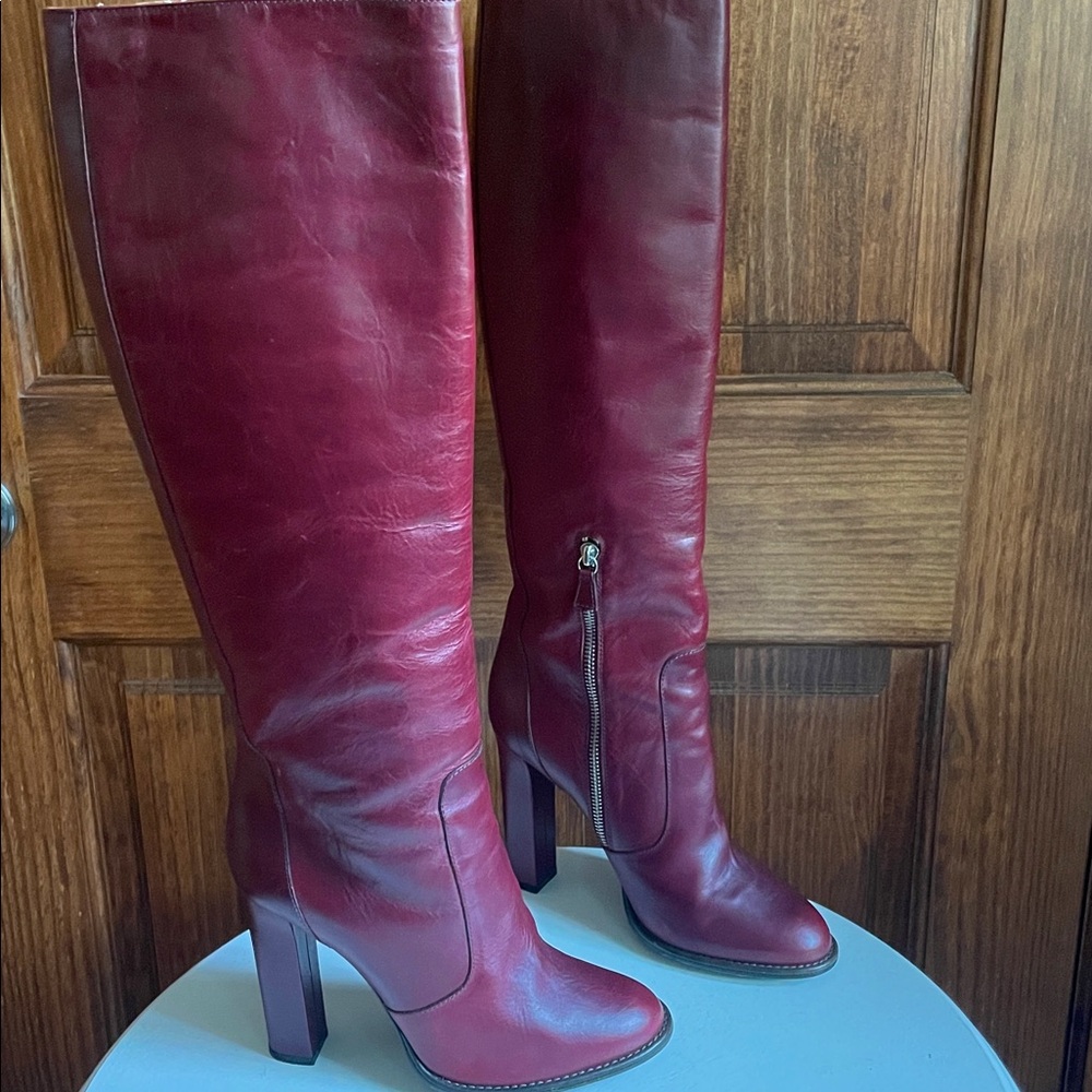 LANVIN Paris Burgundy Wine Leather Knee High Heel Boots 40 10 Worn Once RARE! - Picture 12 of 15